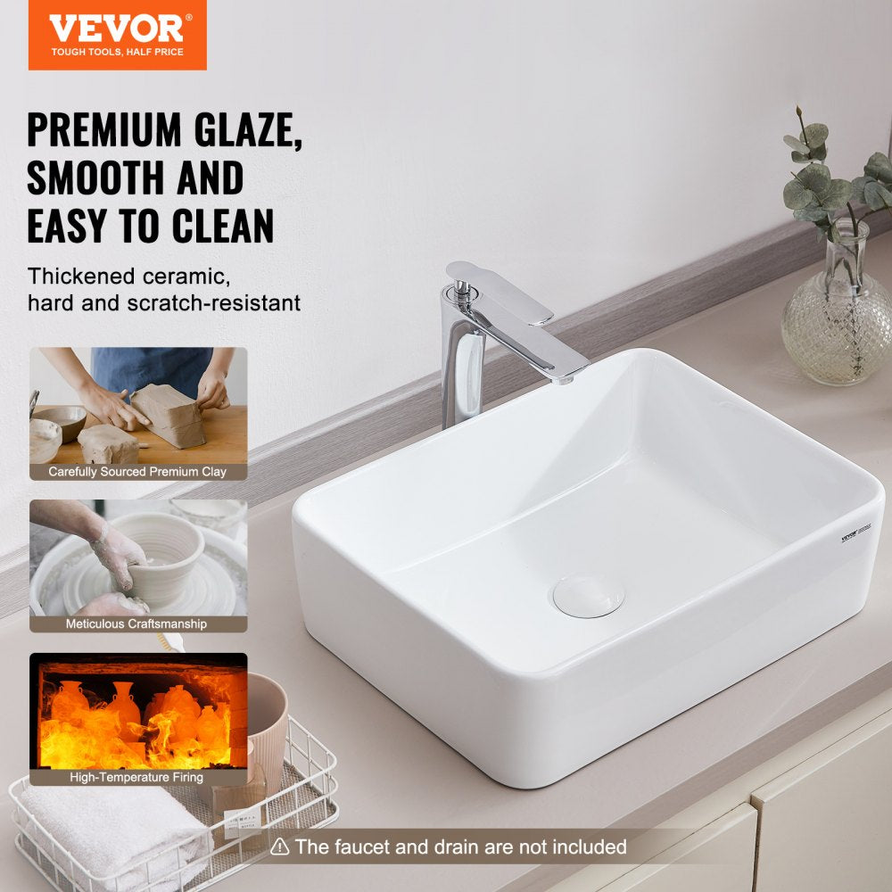 VEVOR Rectangle Vessel Sink, 19" x 14.7" Bathroom Vessel Sink Countertop, White Ceramic Bathroom Sinks Above Counter