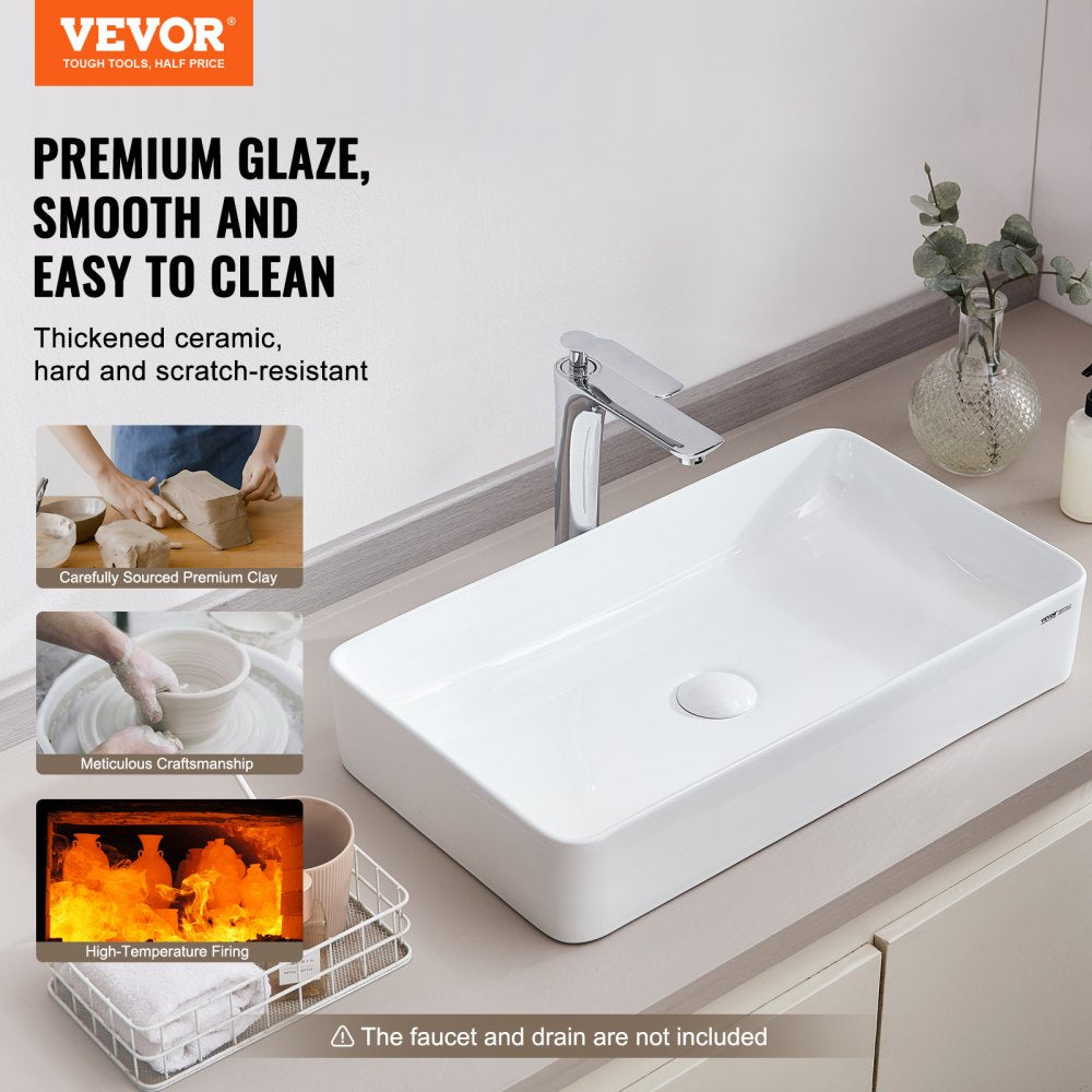 VEVOR Rectangle Vessel Sink, 24" x 13.8" Bathroom Vessel Sink Countertop, White Ceramic Bathroom Sinks Above Counter