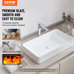 VEVOR Rectangle Vessel Sink, 24" x 13.8" Bathroom Vessel Sink Countertop, White Ceramic Bathroom Sinks Above Counter