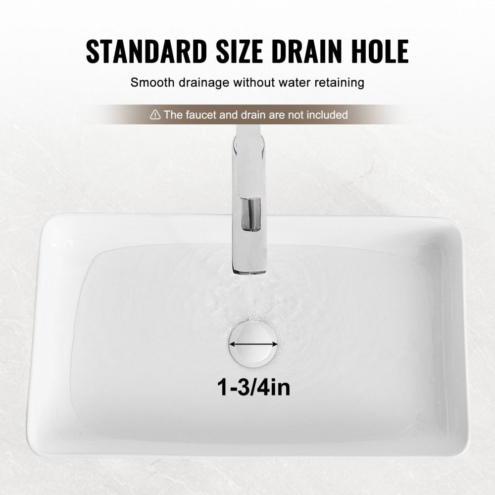 VEVOR Rectangle Vessel Sink, 24" x 13.8" Bathroom Vessel Sink Countertop, White Ceramic Bathroom Sinks Above Counter
