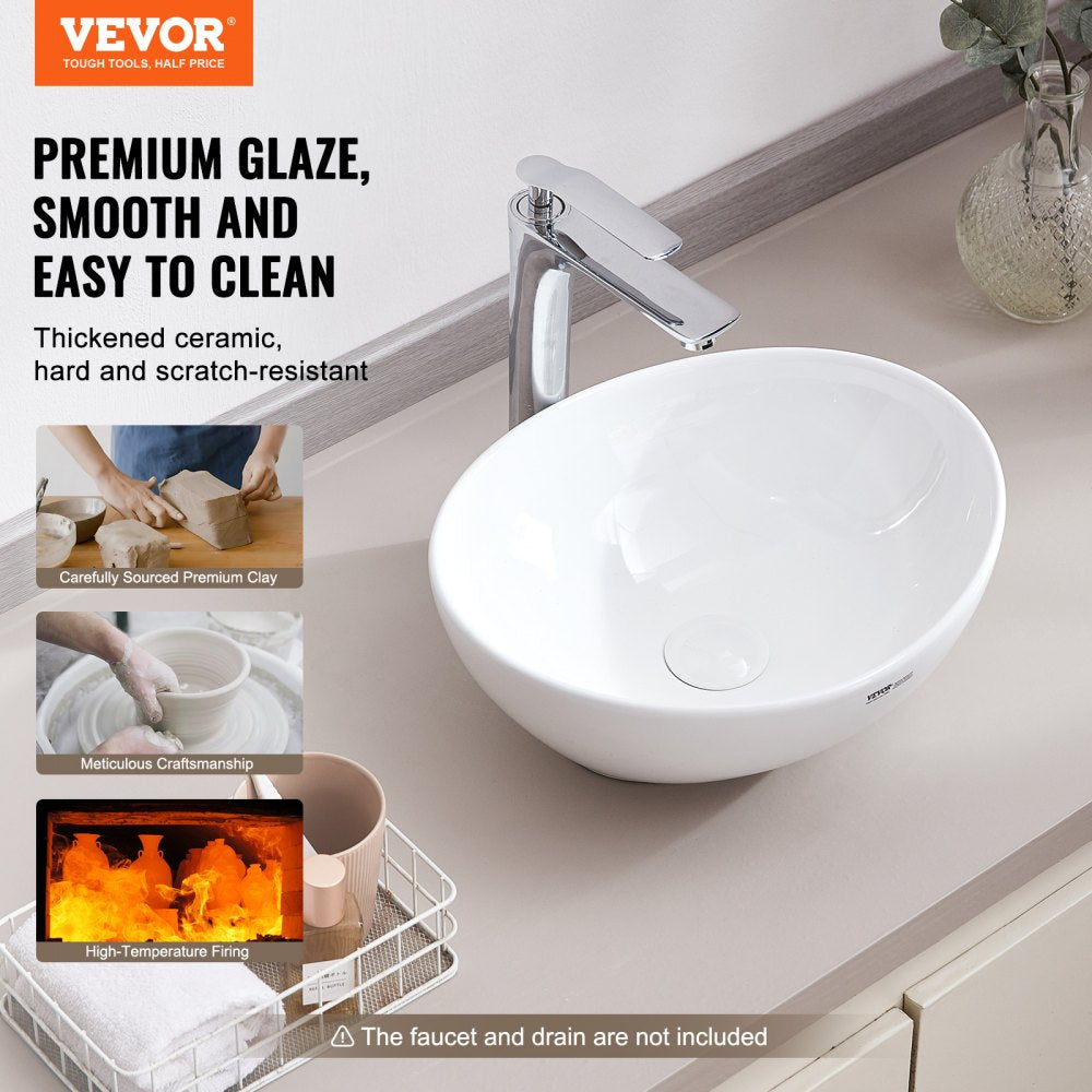 VEVOR Oval Vessel Sink, 16" x 13.4" Bathroom Vessel Sink Bowl Countertop, White Ceramic Bathroom Sinks Above Counter