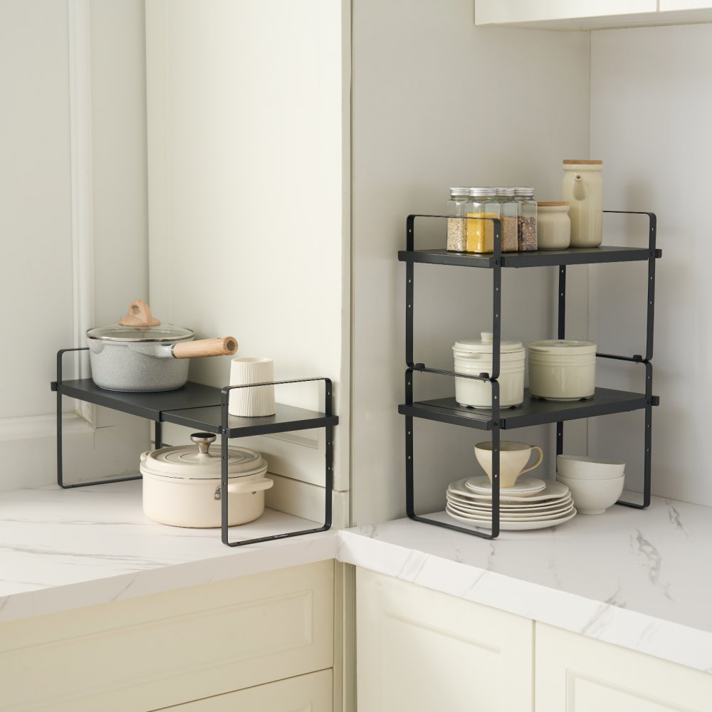 VEVOR Adjustable Kitchen Cabinet Shelf Organizer, Expandable 2 Tier Cabinet Shelf, Stackable Countertop Organizers and