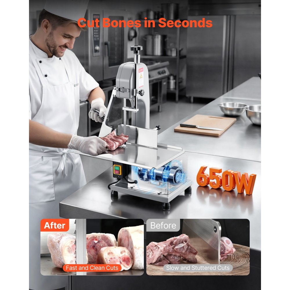 VEVOR Commercial Electric Meat Bandsaw, 650W Stainless Steel Countertop Meat Sawing Machine, Workbench 12.4" x 18.1"