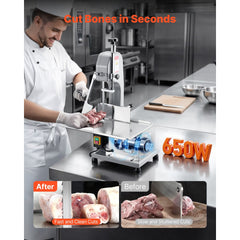 VEVOR Commercial Electric Meat Bandsaw, 650W Stainless Steel Countertop Meat Sawing Machine, Workbench 12.4" x 18.1"