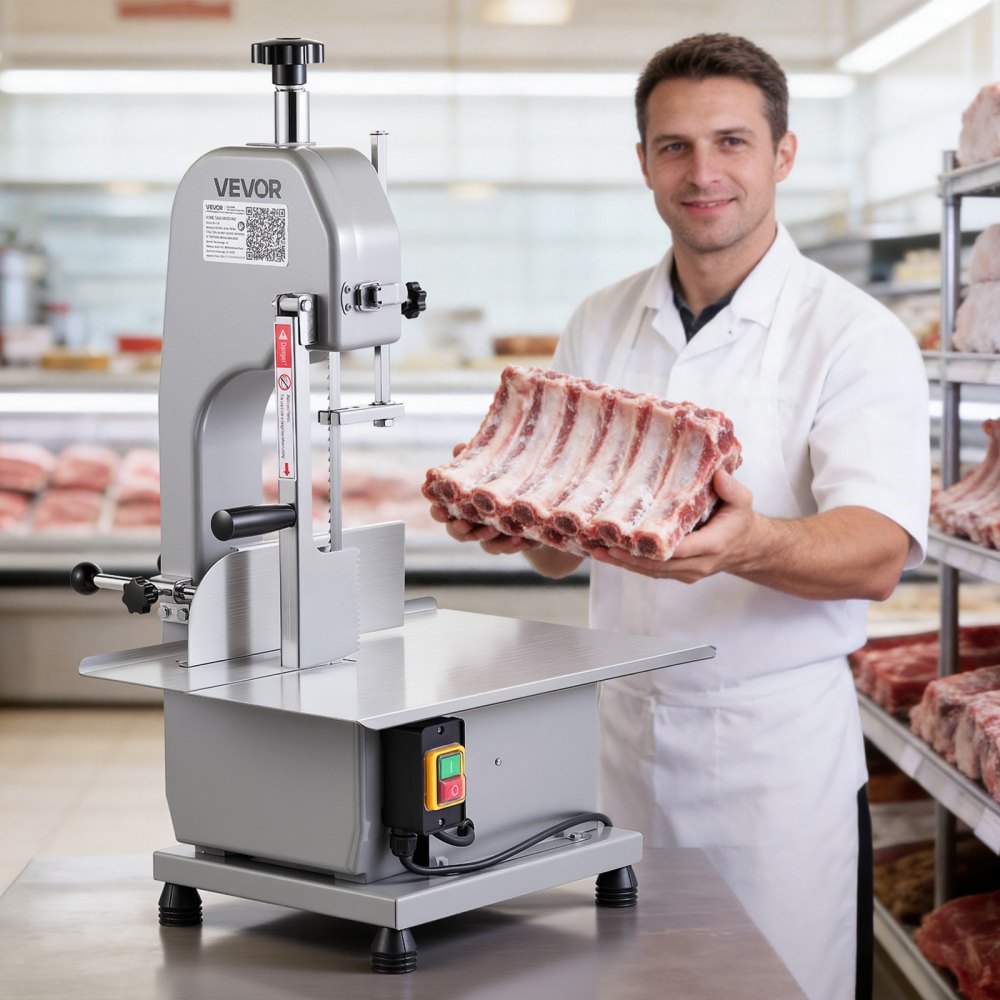 VEVOR Commercial Electric Meat Bandsaw, 650W Stainless Steel Countertop Meat Sawing Machine, Workbench 12.4" x 18.1"