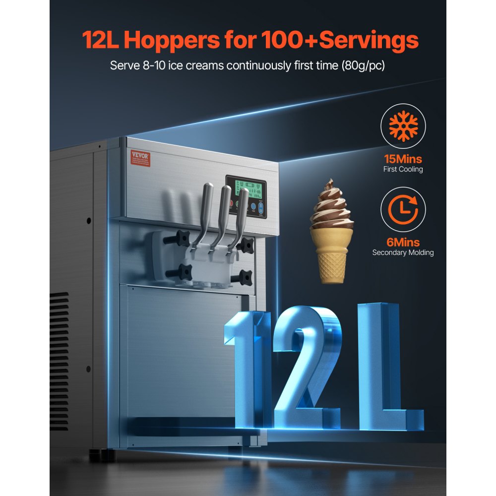 VEVOR Commercial Ice Cream Machine, 21 QT/H Yield, 1800W 3-Flavor Countertop Soft Serve Ice Cream Maker, 2 x 4L Hopper
