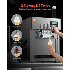 VEVOR Commercial Ice Cream Machine, 21 QT/H Yield, 1800W 3-Flavor Countertop Soft Serve Ice Cream Maker, 2 x 4L Hopper