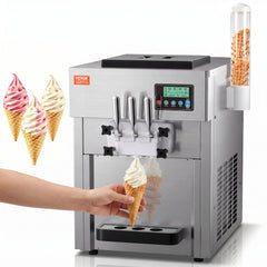 VEVOR Commercial Ice Cream Machine, 21 QT/H Yield, 1800W 3-Flavor Countertop Soft Serve Ice Cream Maker, 2 x 4L Hopper