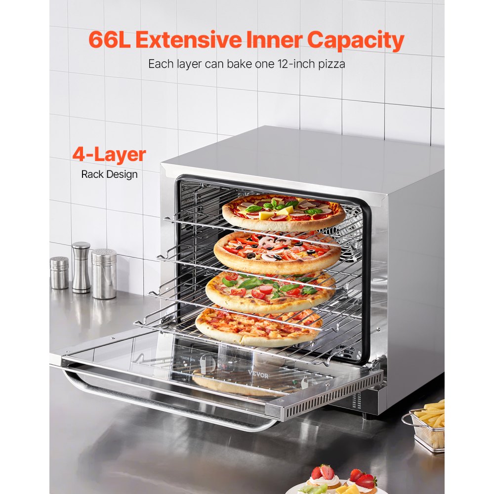 VEVOR Commercial Countertop Oven, 66L 4-Tier Toaster Ovens with Tempered Glass Door, Wire Racks & Tray, 2800W Stainless