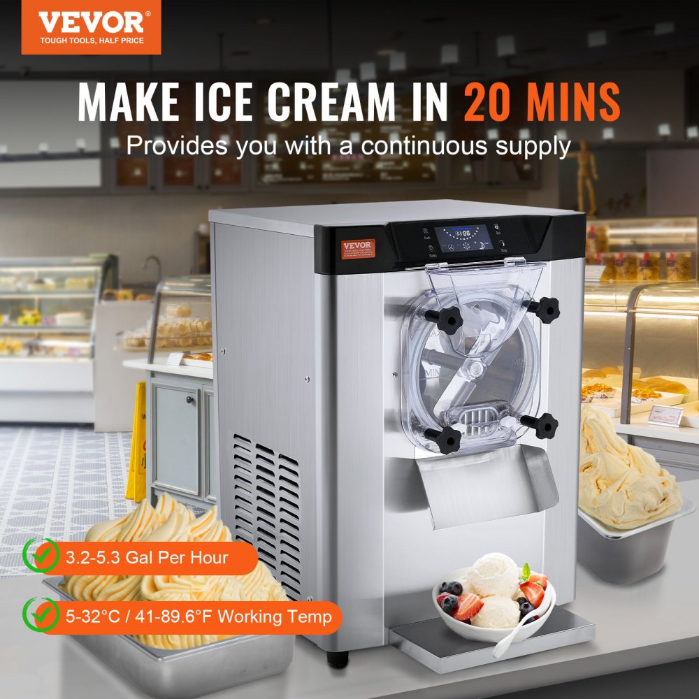 VEVOR Commercial Ice Cream Machine, 12 L/H Yield, 1713W Single Flavor Countertop Hard Serve Ice Cream Maker, 4.5L