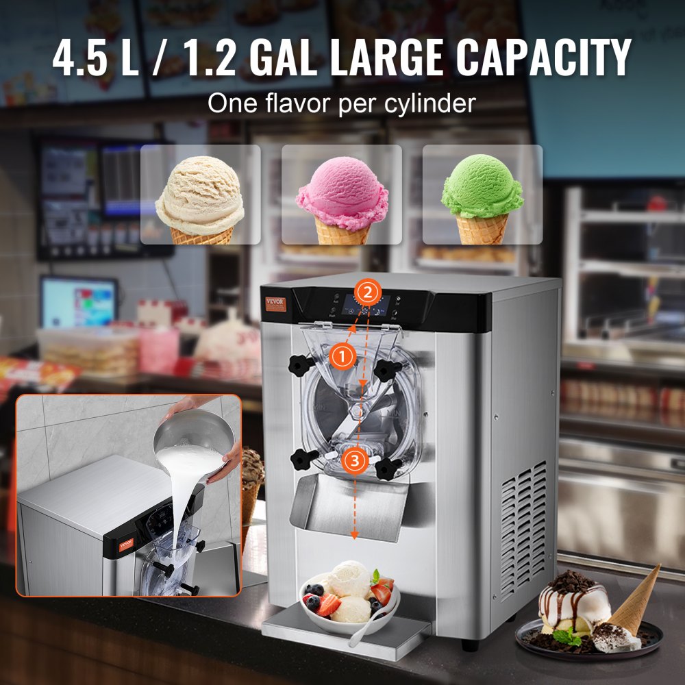 VEVOR Commercial Ice Cream Machine, 12 L/H Yield, 1713W Single Flavor Countertop Hard Serve Ice Cream Maker, 4.5L