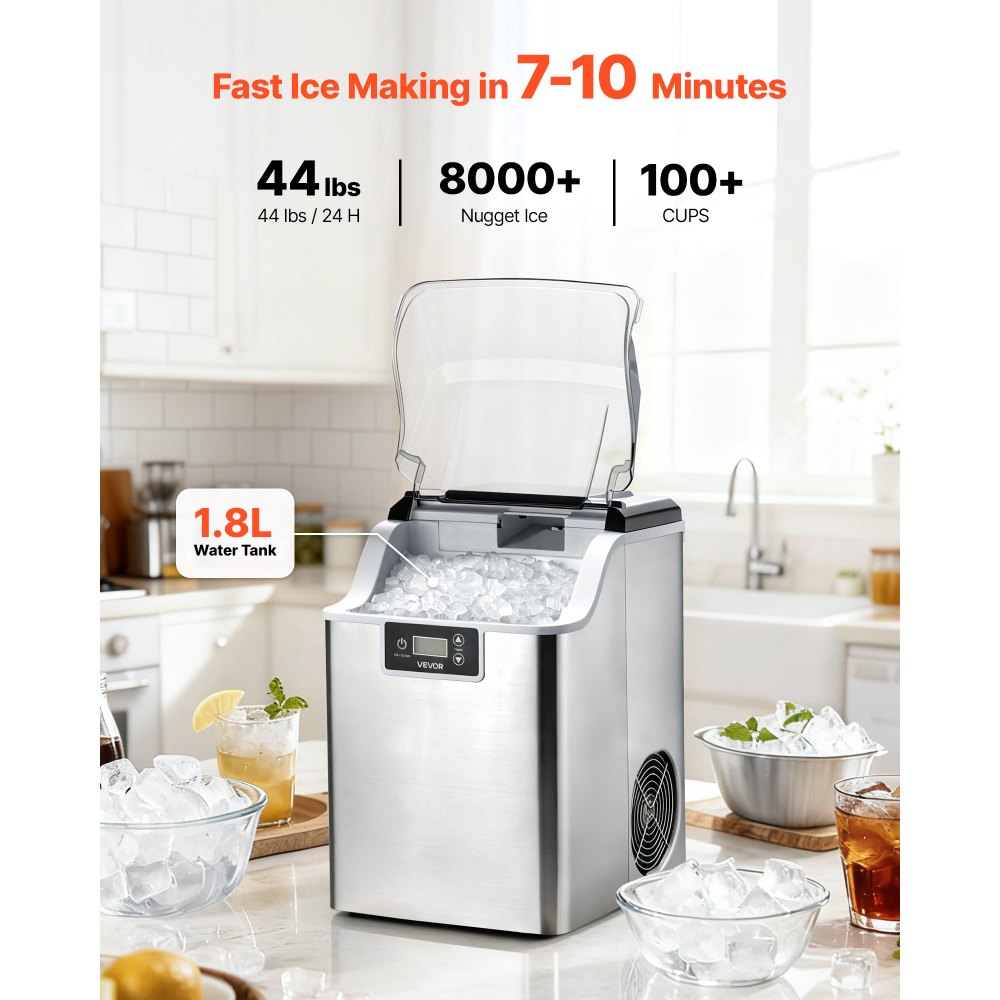VEVOR Countertop Ice Maker, 44 lbs per Day, Self-Cleaning Portable Machine with Scoop, 4 lbs Ice-Storage Basket, Nugget