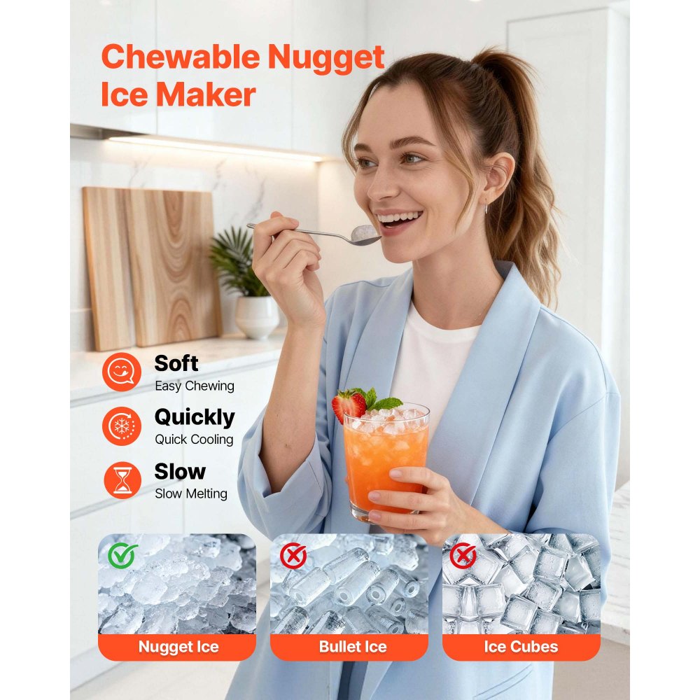 VEVOR Countertop Ice Maker, 44 lbs per Day, Self-Cleaning Portable Machine with Scoop, 4 lbs Ice-Storage Basket, Nugget