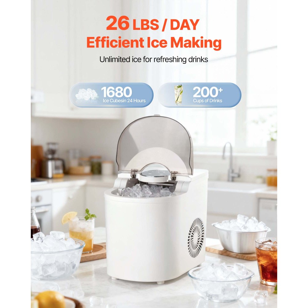 VEVOR Countertop Ice Maker, 7 Cubes Ready in 6 Mins, 26 lbs per Day, Self-Cleaning Portable Machine with Ice Scoop