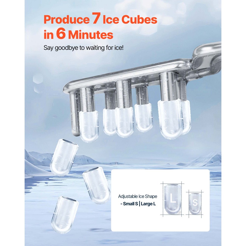 VEVOR Countertop Ice Maker, 7 Cubes Ready in 6 Mins, 26 lbs per Day, Self-Cleaning Portable Machine with Ice Scoop