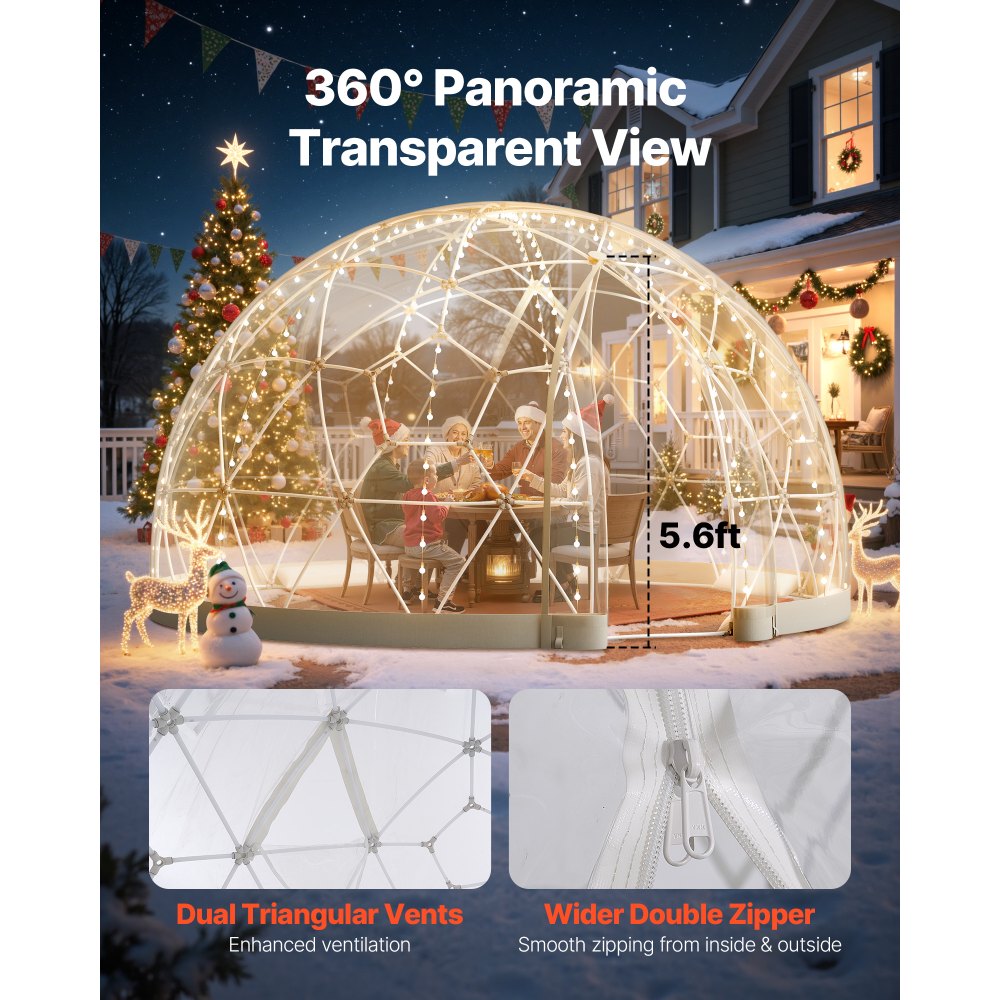 VEVOR Garden Dome Igloo, 12 x 7.2 ft Outdoor Clear Bubble Tent for 4-7 Person, Weatherproof Geodesic Dome Greenhouse