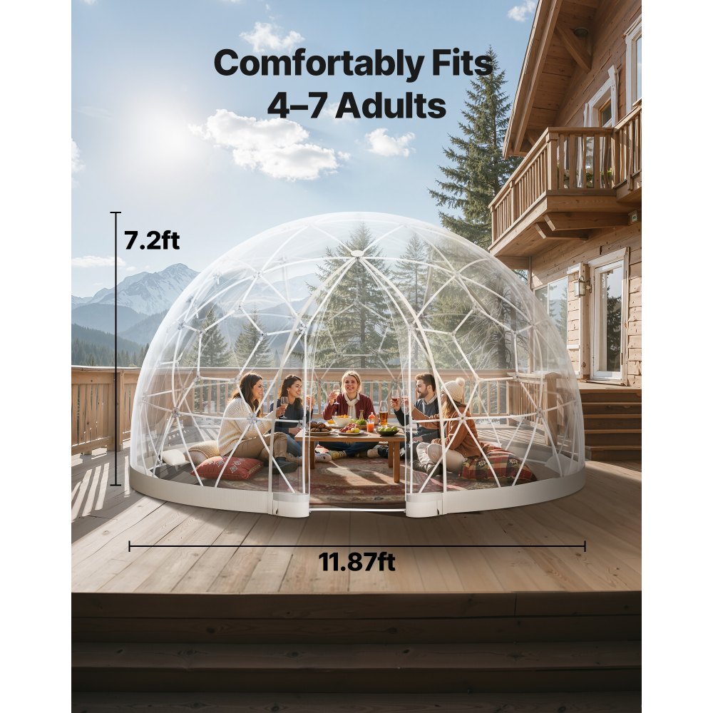 VEVOR Garden Dome Igloo, 12 x 7.2 ft Outdoor Clear Bubble Tent for 4-7 Person, Weatherproof Geodesic Dome Greenhouse