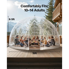 VEVOR Garden Dome Igloo, 15 x 9.5 ft Outdoor Clear Bubble Tent for 10-14 Person, Weatherproof Geodesic Dome Greenhouse