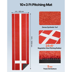 VEVOR Softball Pitching Mat, 10x3 ft Baseball Pitching Rubber Mound, Antifade Turf and Antislip Foam Backing Portable