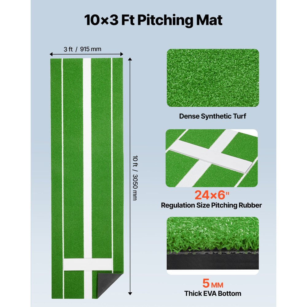 VEVOR Softball Pitching Mat, 10x3 ft Baseball Pitching Rubber Mound, Antifade Turf and Antislip Foam Backing Portable