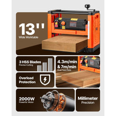 VEVOR Thickness Planer, Two Speed, 13-Inch Width Worktable Power Benchtop Planer, Three-Blade, 2000W 23500 RPM Powerful