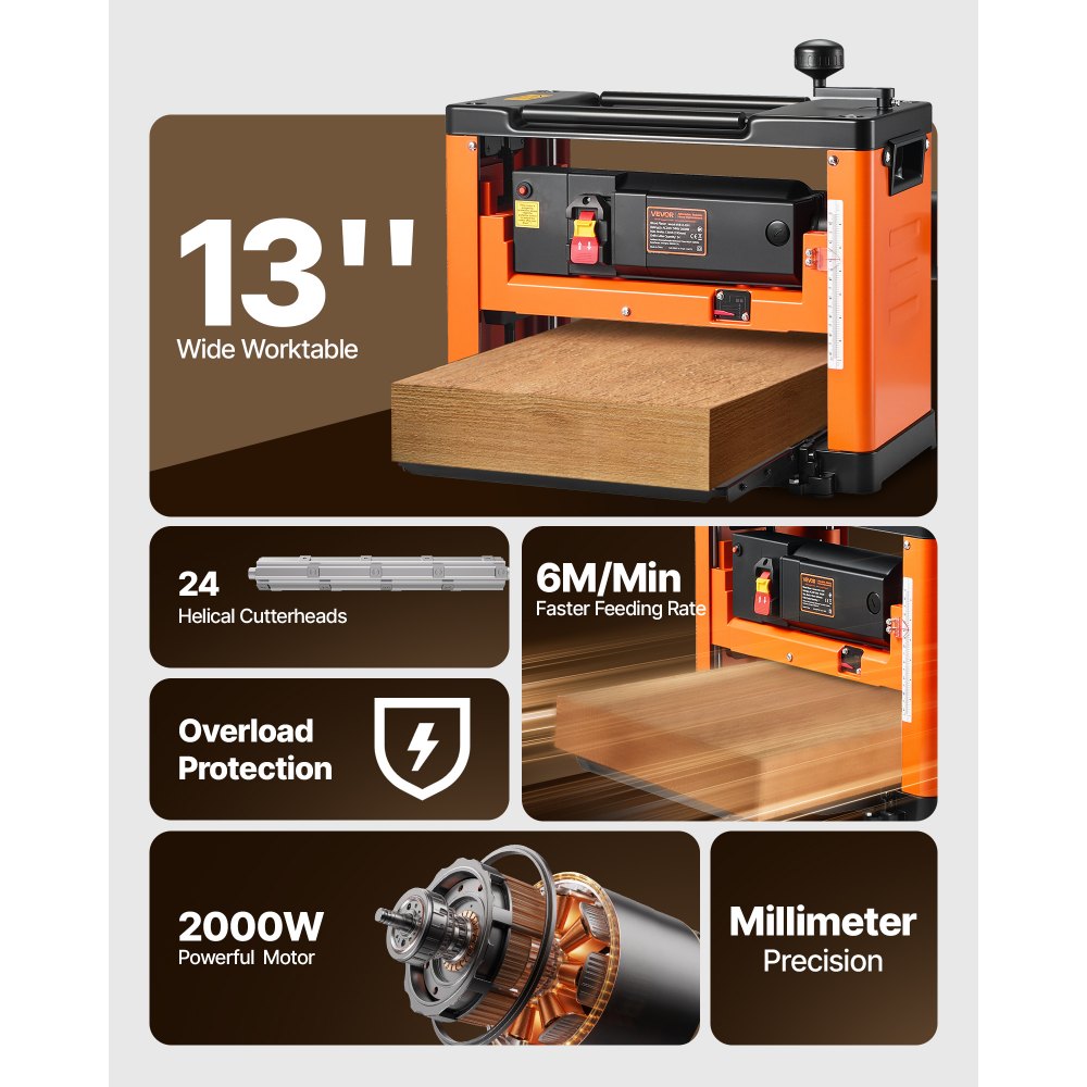 VEVOR Thickness Planer, 13-Inch Width Worktable, Woodworking Power Benchtop Planer, Spiral-Style Cutterhead with 24