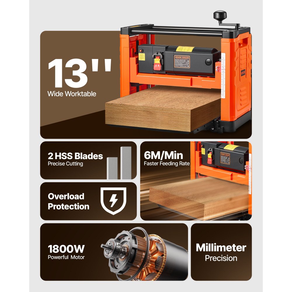 VEVOR Thickness Planer, Two-Blade, 13-Inch Width Worktable Power Benchtop Planer, 1800W 23500 RPM Powerful Motor, Dual