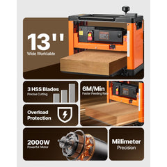 VEVOR Thickness Planer, Three-Blade, 13-Inch Width Worktable Power Benchtop Planer, 2000W 23500 RPM Powerful Motor