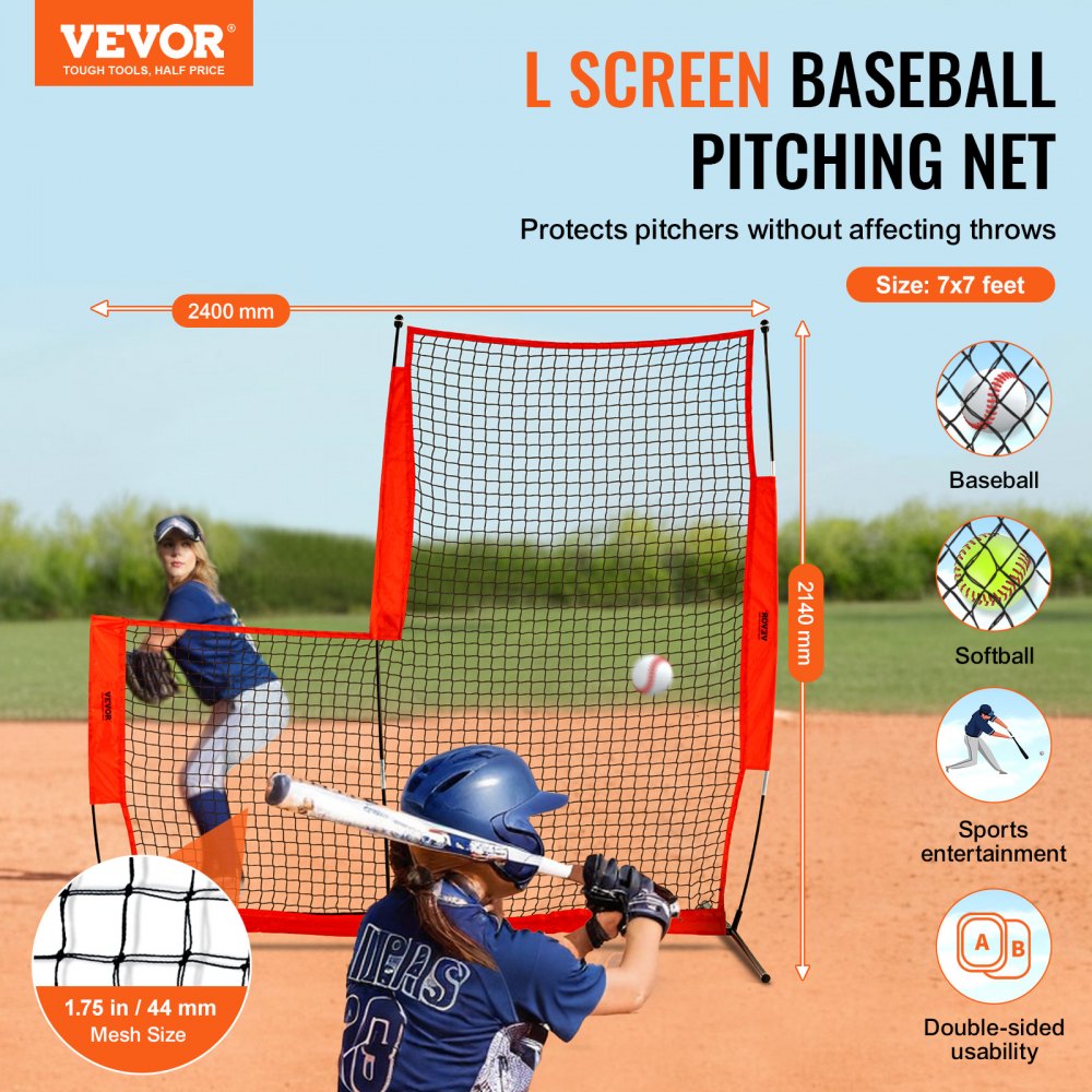 VEVOR L Screen Baseball for Batting Cage, 7x7 ft Baseball & Softball Safety Screen, Body Protector Portable Batting