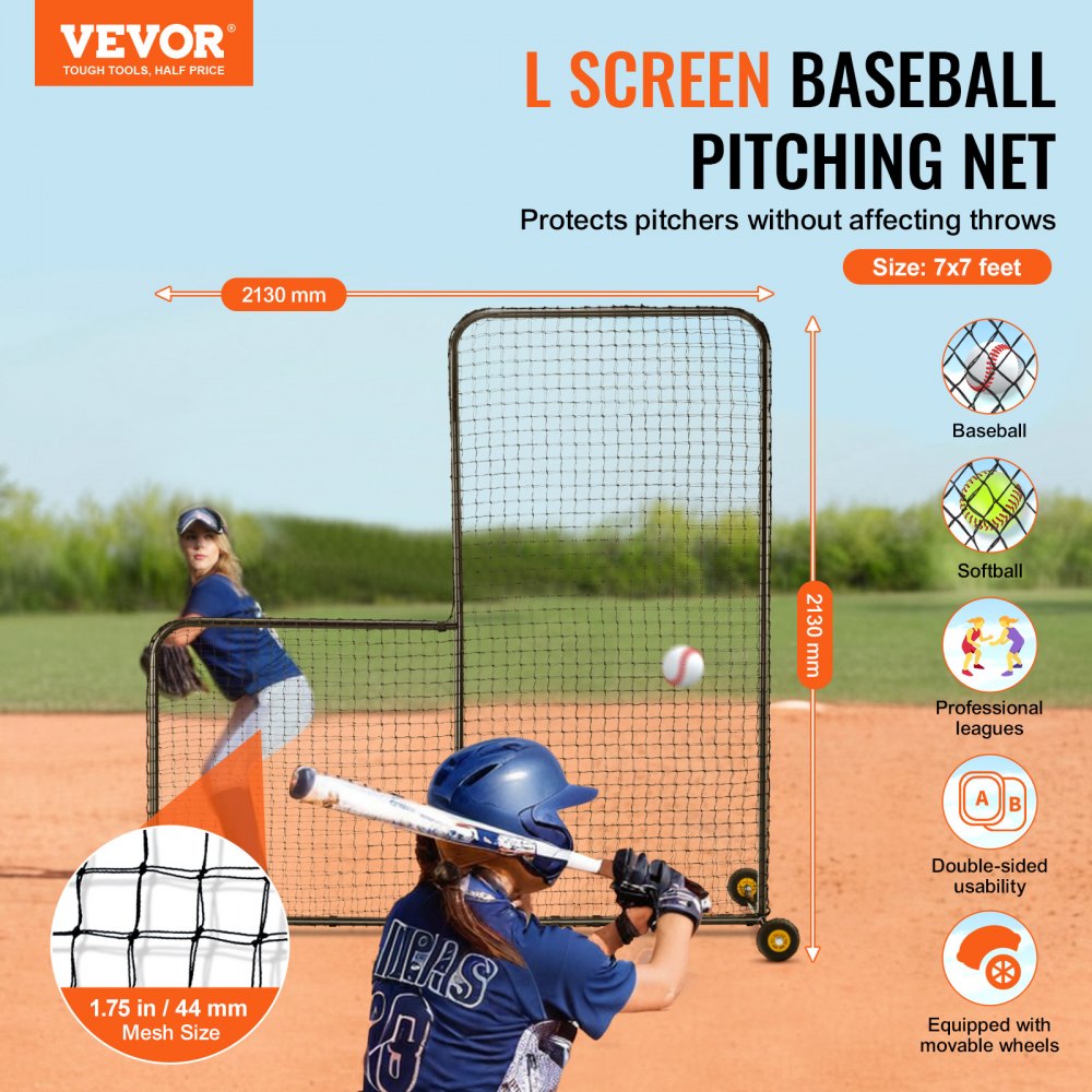 VEVOR L Screen Baseball for Batting Cage, 7x7 ft Softball Safety Screen, Body Protector Portable Batting Screen with