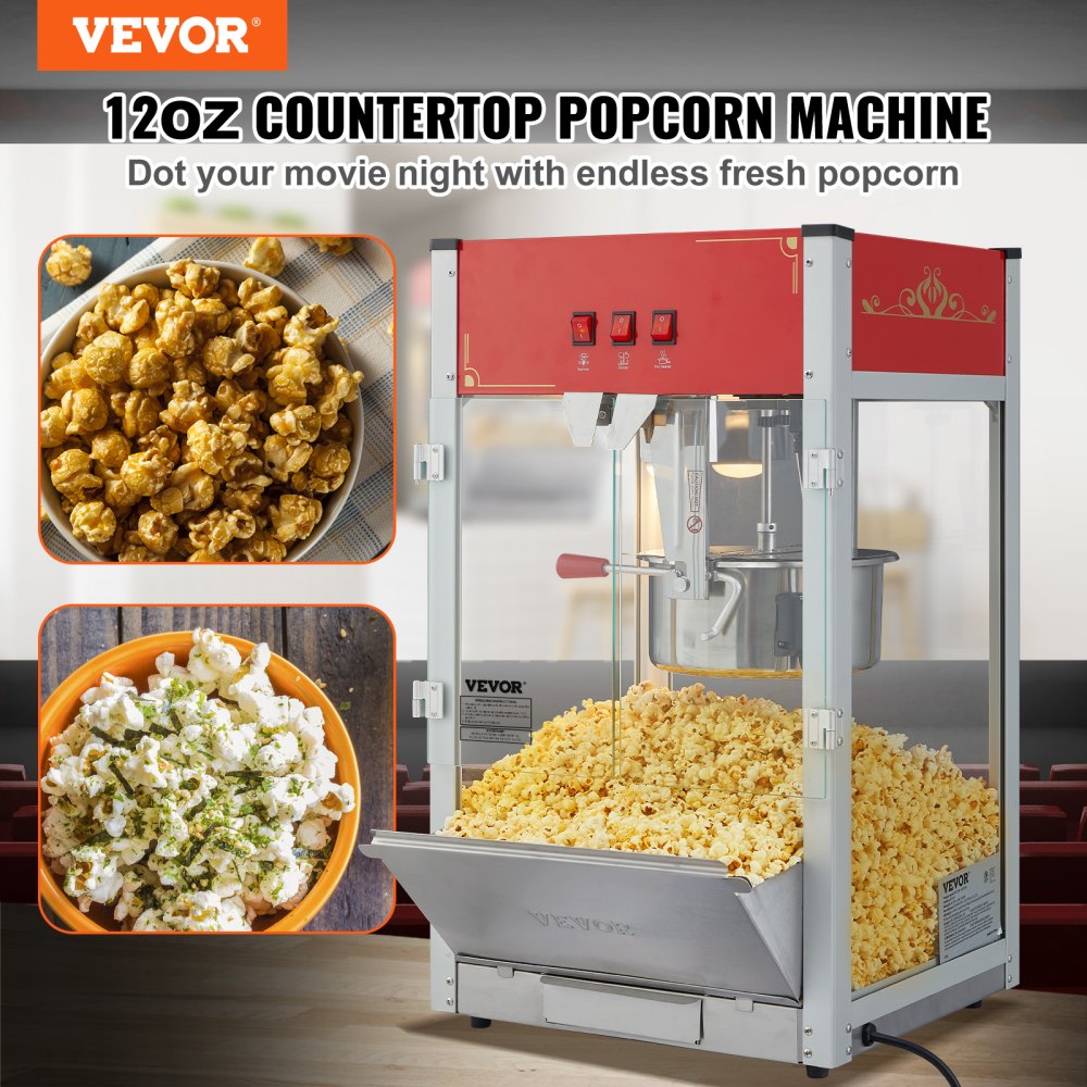 VEVOR Popcorn Maker, 1440W Popcorn Popper Machine, 12 Oz Kettle Makes 80 Cups per Batch, Countertop Popcorn Maker with