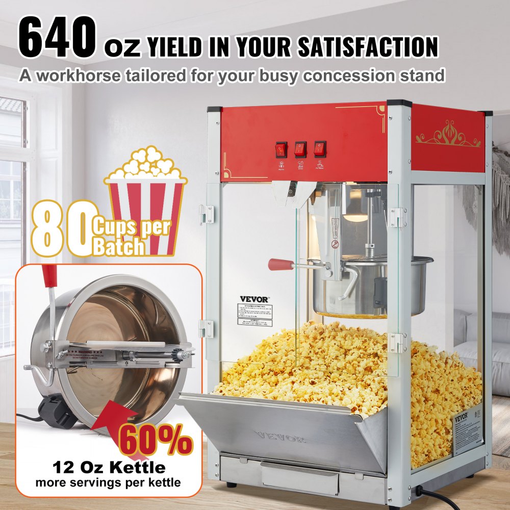 VEVOR Popcorn Maker, 1440W Popcorn Popper Machine, 12 Oz Kettle Makes 80 Cups per Batch, Countertop Popcorn Maker with
