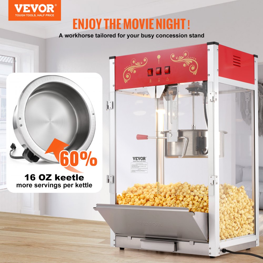 VEVOR Popcorn Maker, 1615W Popcorn Popper Machine, 16 Oz Kettle Large Capacity Countertop Popcorn Maker with Tempered