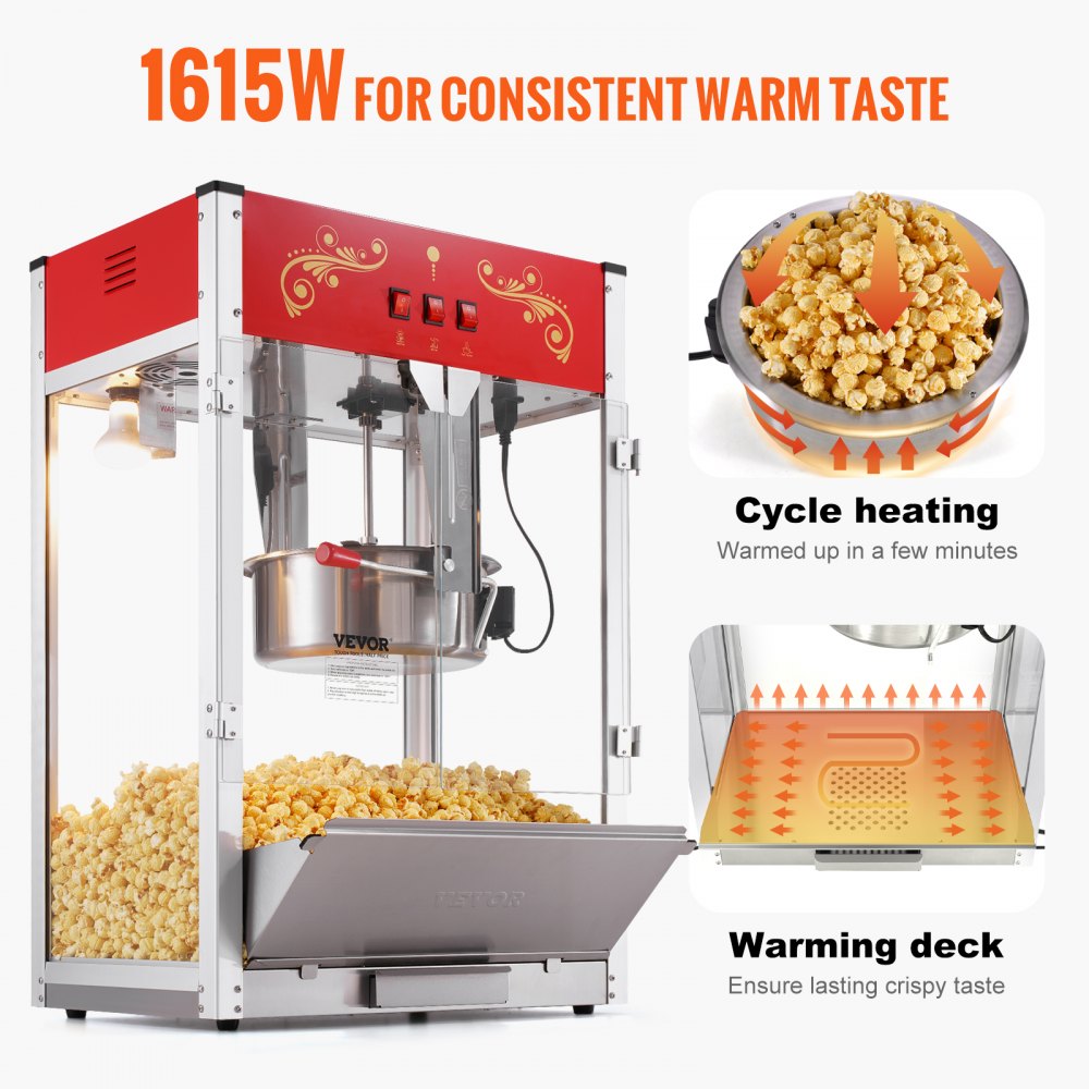 VEVOR Popcorn Maker, 1615W Popcorn Popper Machine, 16 Oz Kettle Large Capacity Countertop Popcorn Maker with Tempered
