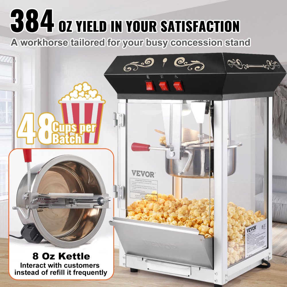 VEVOR Popcorn Maker, 850W Popcorn Popper Machine, 8 Oz Kettle Makes 48 Cups per Batch, Countertop Popcorn Maker with