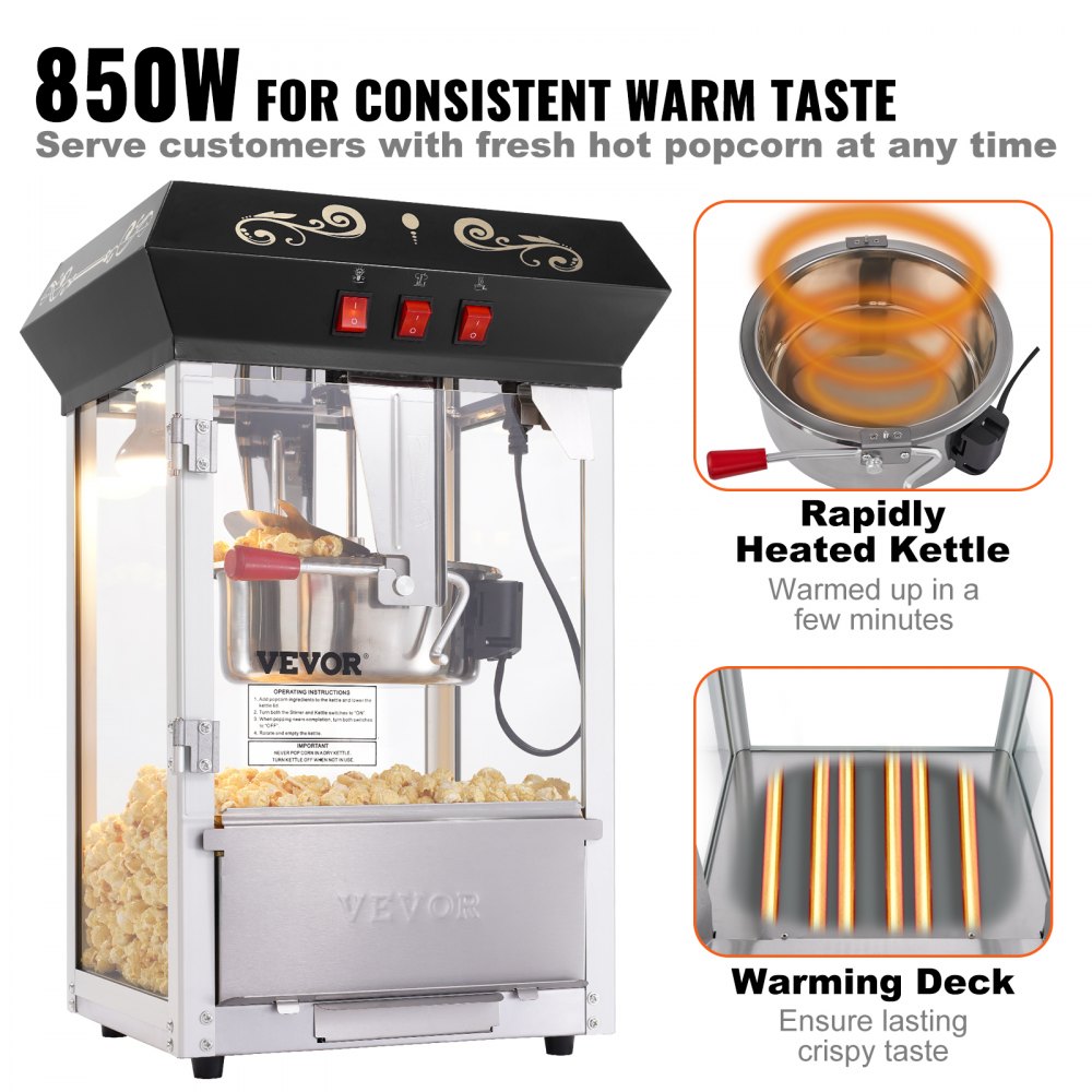 VEVOR Popcorn Maker, 850W Popcorn Popper Machine, 8 Oz Kettle Makes 48 Cups per Batch, Countertop Popcorn Maker with