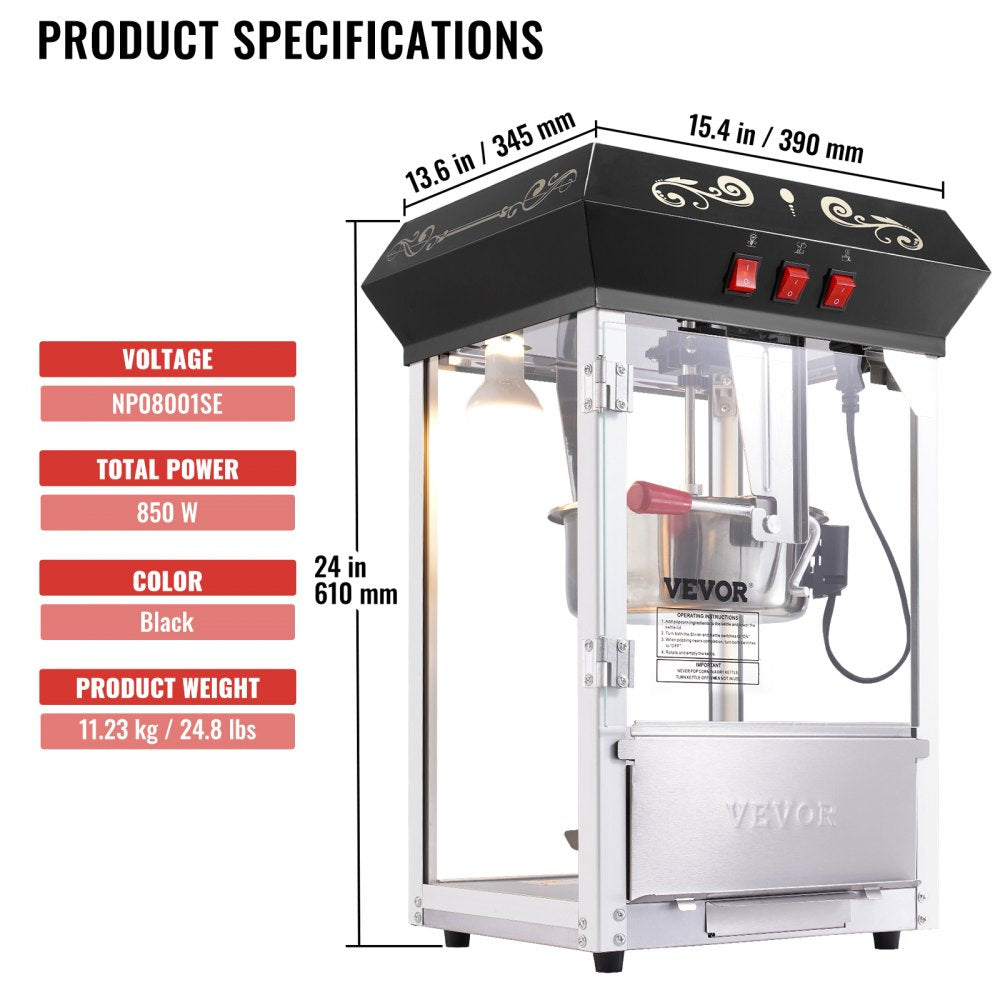 VEVOR Popcorn Maker, 850W Popcorn Popper Machine, 8 Oz Kettle Makes 48 Cups per Batch, Countertop Popcorn Maker with