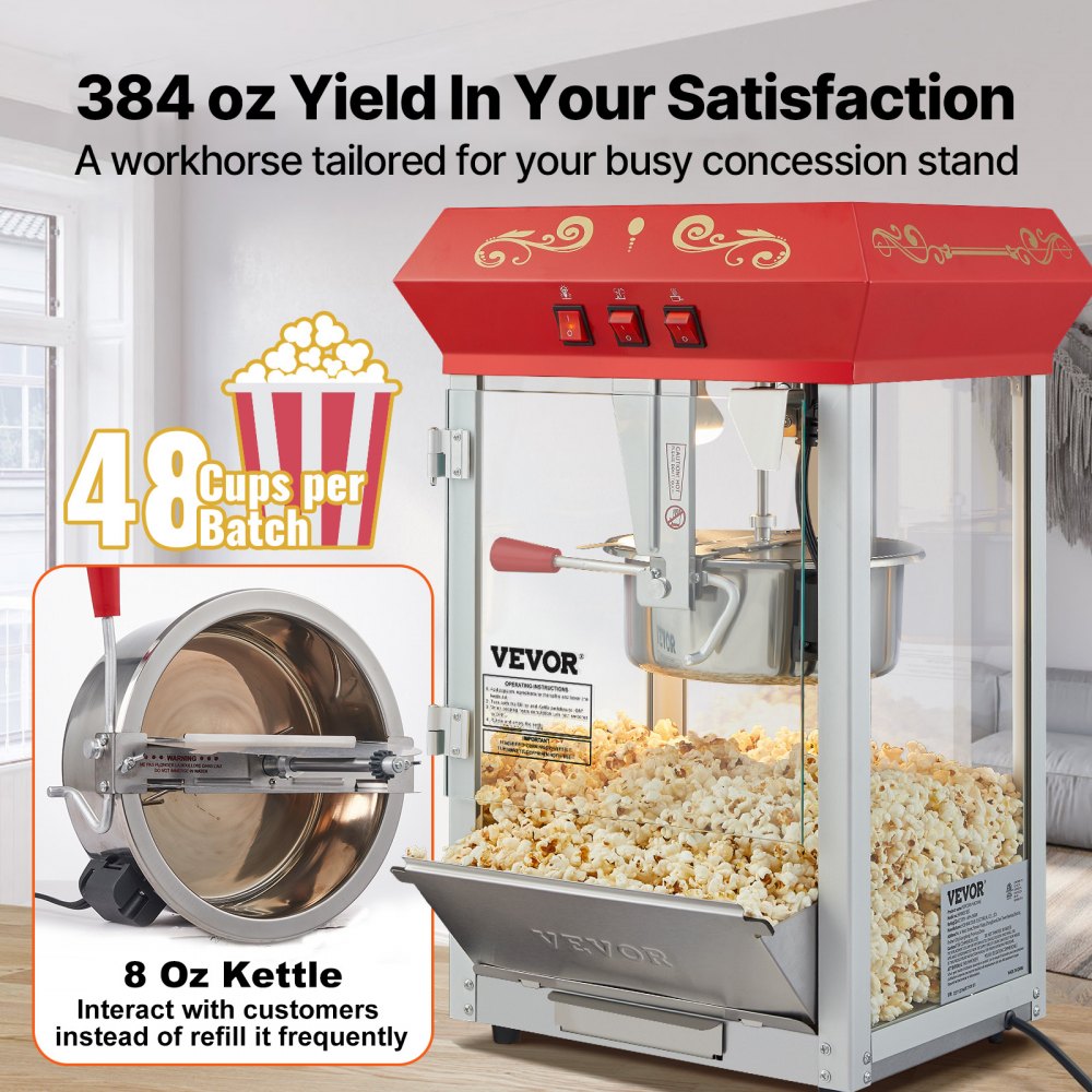 VEVOR Popcorn Maker, 850W Popcorn Popper Machine, 8 Oz Kettle Makes 48 Cups per Batch, Countertop Popcorn Maker with