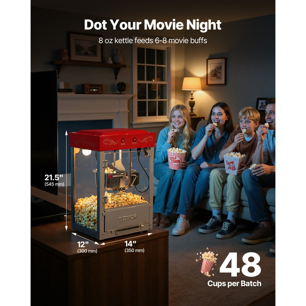 VEVOR Popcorn Machine, 8oz Stainless Steel Kettle, 800W Commercial Countertop Popcorn Maker, 48 Cups per Batch Theater