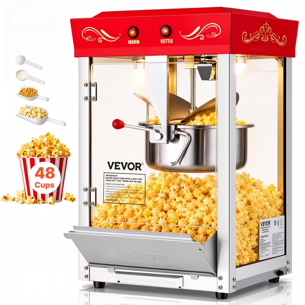 VEVOR Popcorn Machine, 8oz Stainless Steel Kettle, 800W Commercial Countertop Popcorn Maker, 48 Cups per Batch Theater