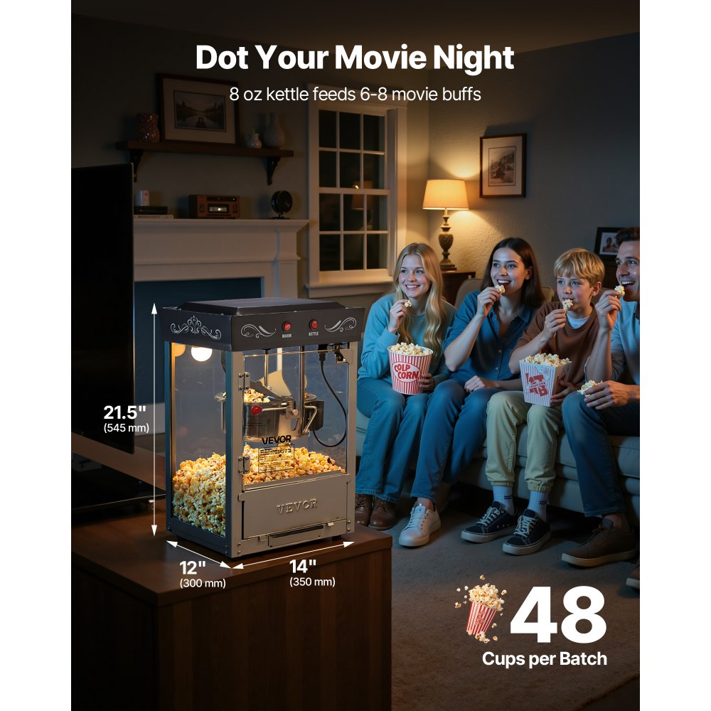 VEVOR Popcorn Machine, 8oz Stainless Steel Kettle, 800W Commercial Countertop Popcorn Maker, 48 Cups per Batch Theater