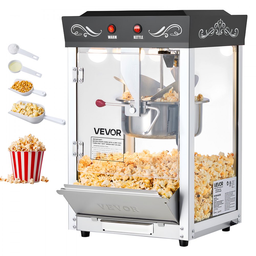 VEVOR Popcorn Machine, 8oz Stainless Steel Kettle, 800W Commercial Countertop Popcorn Maker, 48 Cups per Batch Theater