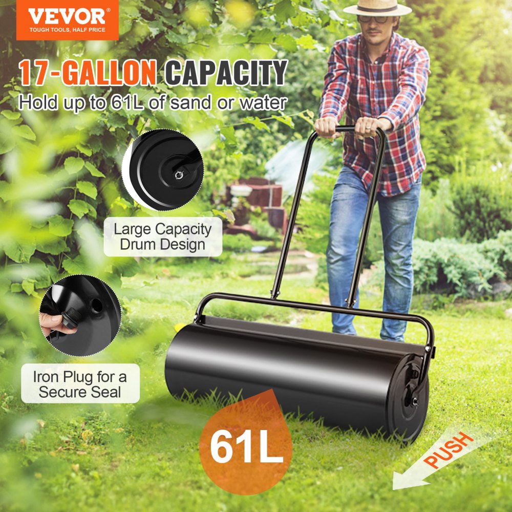 VEVOR Lawn Roller, 17 Gallon Sand/Water Filled Yard Roller, Steel Sod Roller with Easy-turn Plug and U-Shaped Ergonomic