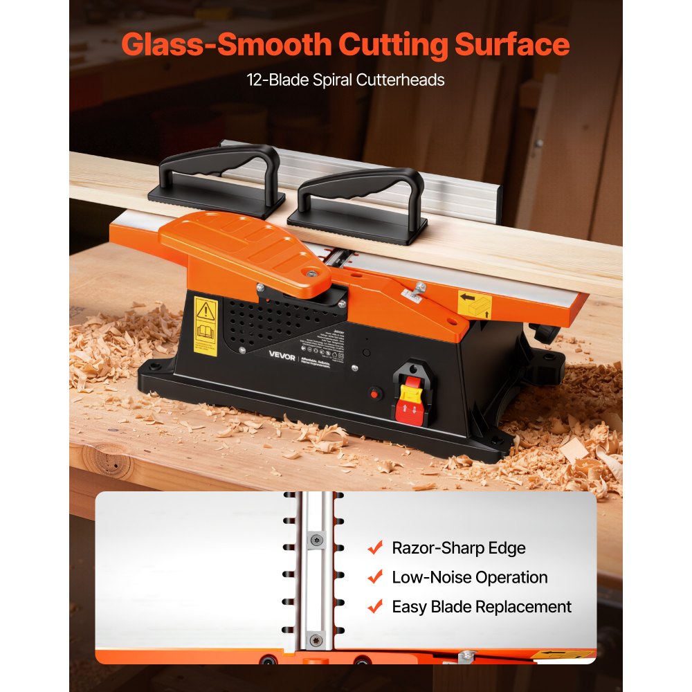 VEVOR Spiral Benchtop Jointer, 6 in, 2 HP 12000 RPM Bench Top Wood Jointer, with 12-Blade Spiral Cutterhead, Up to 1/8