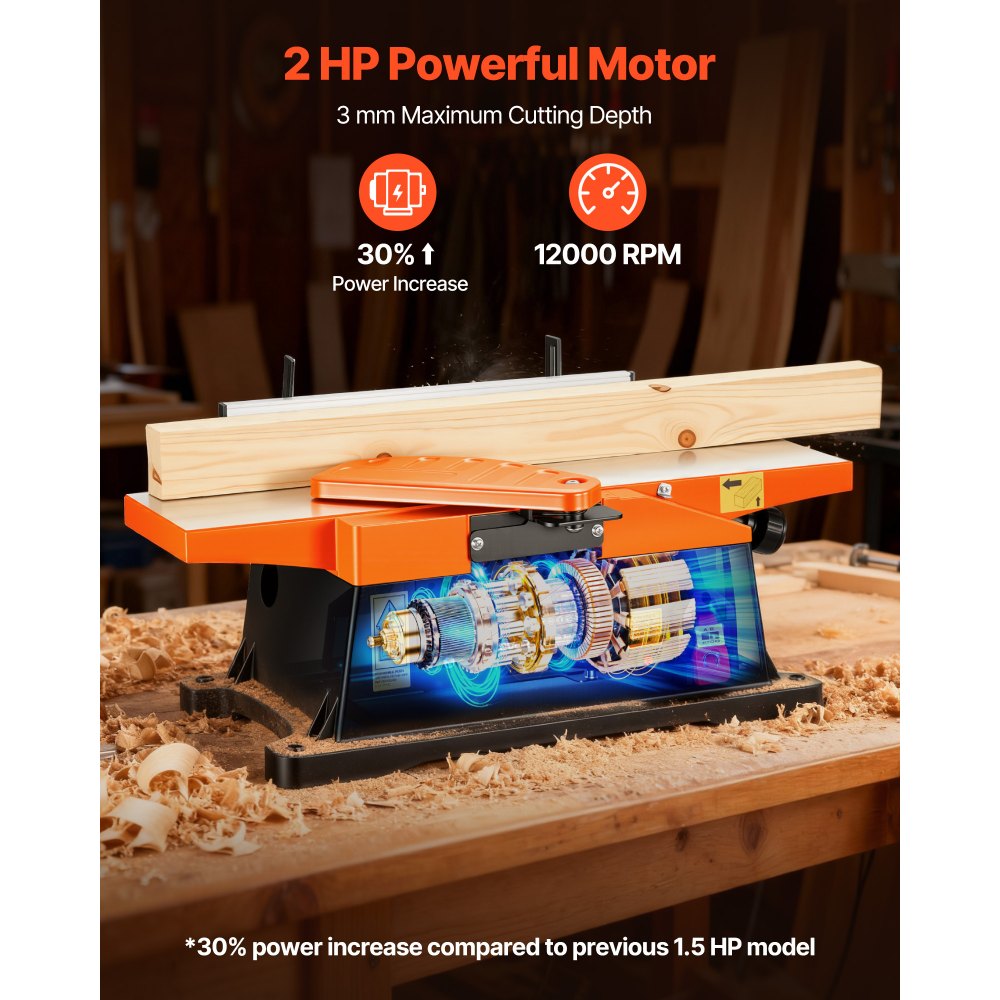 VEVOR Benchtop Jointer, 6 in, 2 HP 12000 RPM Bench Top Wood Jointer, with Straight Cutterhead, 2 HSS Blades, 6 x 23 in