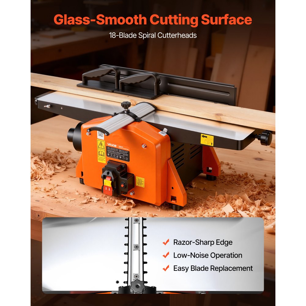 VEVOR Spiral Benchtop Jointer, 8 Inch, 2 HP 8500 RPM Bench Top Wood Jointer, with 18-Blade Spiral Cutterhead