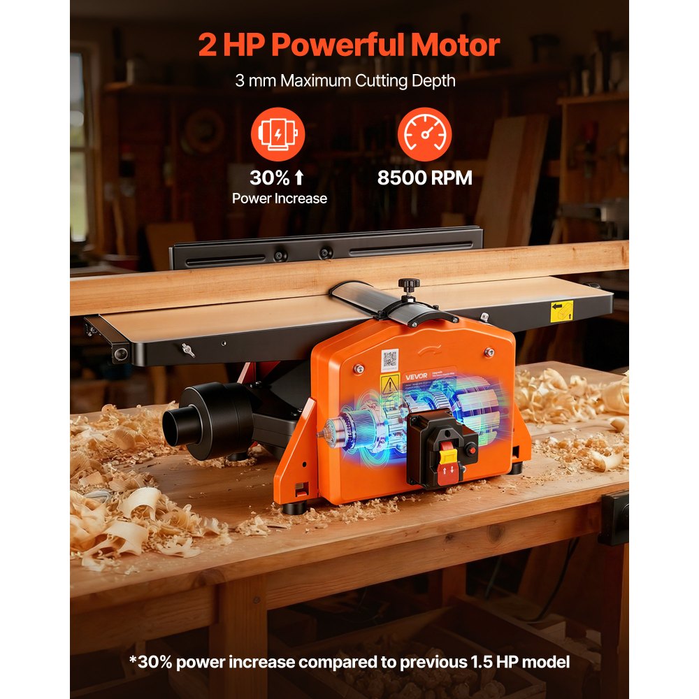 VEVOR Spiral Benchtop Jointer, 8 Inch, 2 HP 8500 RPM Bench Top Wood Jointer, with 18-Blade Spiral Cutterhead