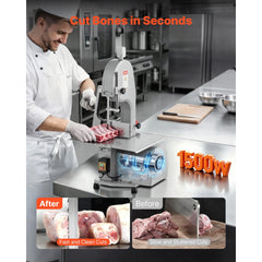 VEVOR Commercial Electric Meat Bandsaw, 1500W Stainless Steel Countertop Bone Sawing Machine, Workbeach 19.3" x 15"