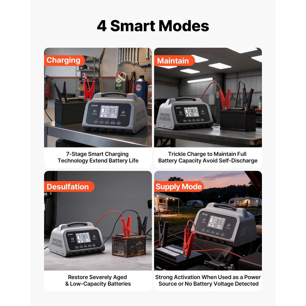VEVOR Smart Battery Charger, 25A, 6V 12V 24V Lithium LiFePO4 Lead-Acid (Gel/AGM) Car Battery Charger, with LCD Display