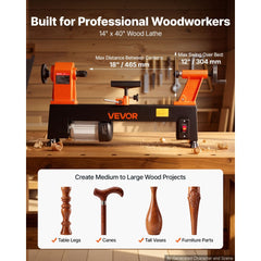 VEVOR Wood Lathe 3/4 HP 12" x 18" Benchtop Wood Lathe Machine 5 Speeds, 780/1320/1920/2640/3840 RPM, with Tool Rest